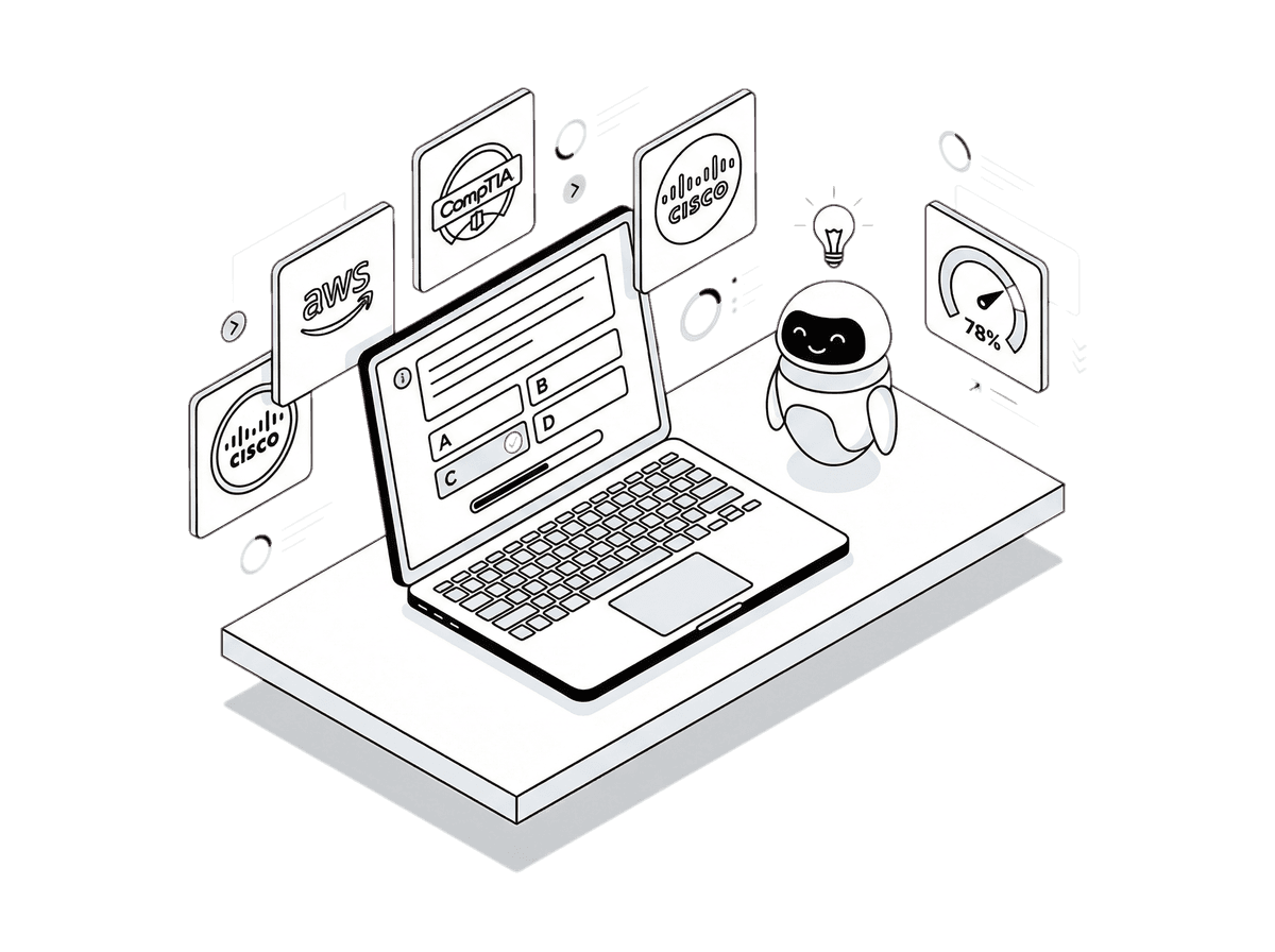 HydraNode AI exam practice interface — isometric illustration showing AI robot, exam question, and readiness score